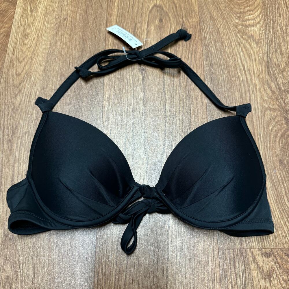 Adore Me Womens Solid Black Push Up Halter Bikini Swim Top Size 34A Bra Cup